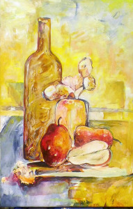 Still life of bottle, pears and flower vase in mixed media paints on canvas