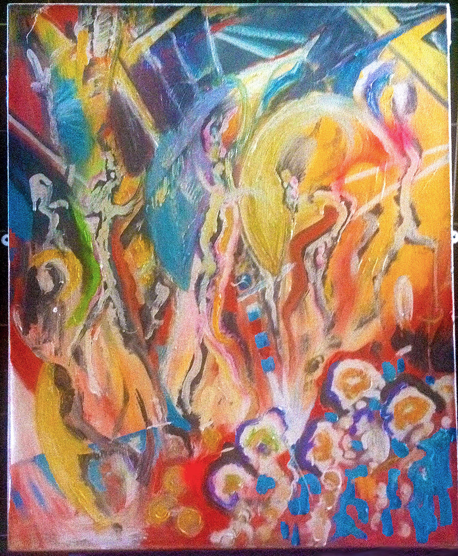 Painting of rave scene in acrylics by Anna Trussler