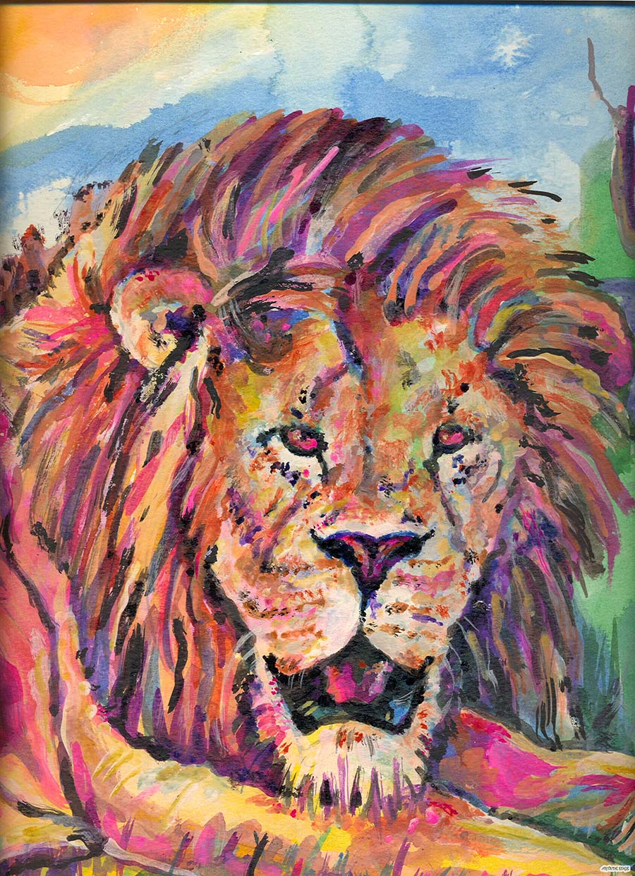 African lion in coloured ink paints on watercolour paper (A4)