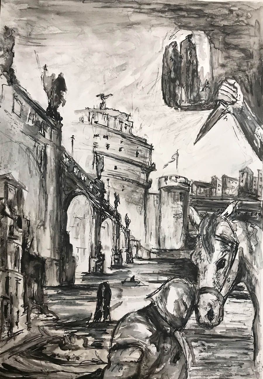 Ink and pencil drawing for book illustration