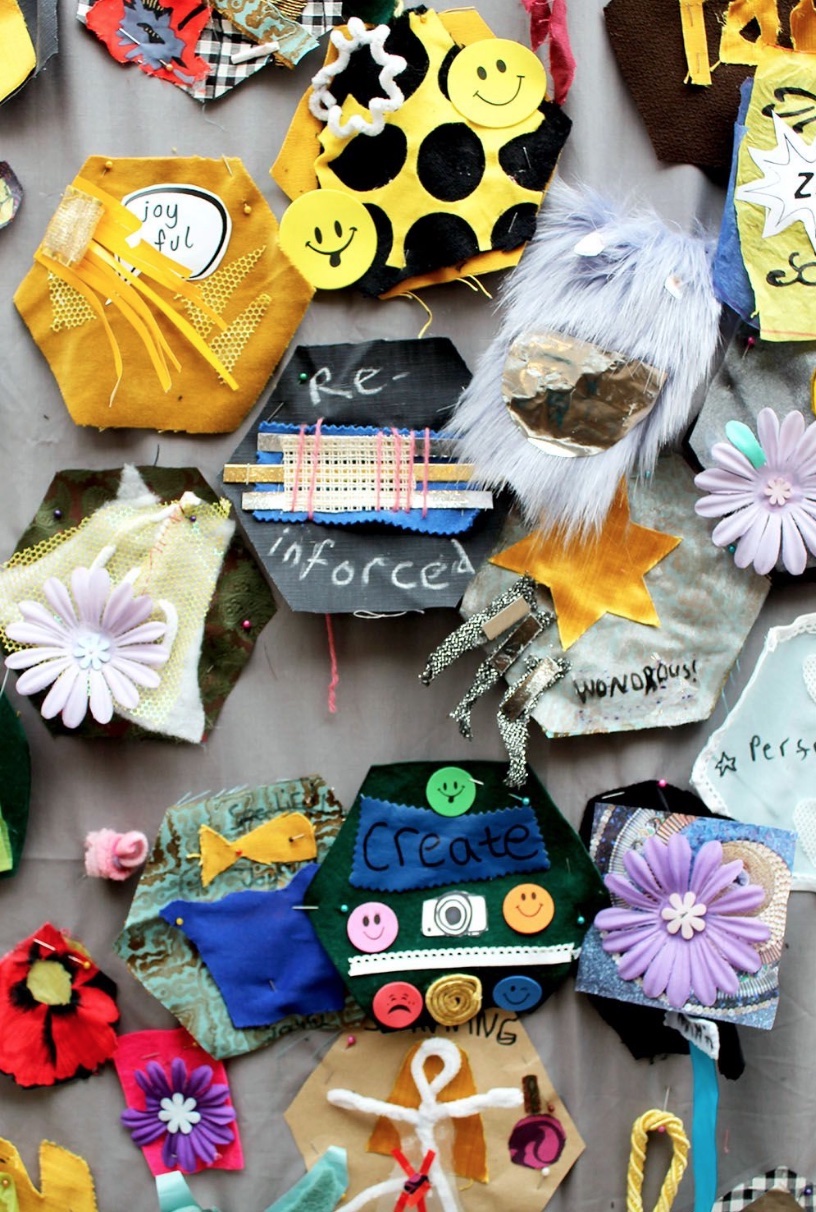 Craft table with textiles for workshop