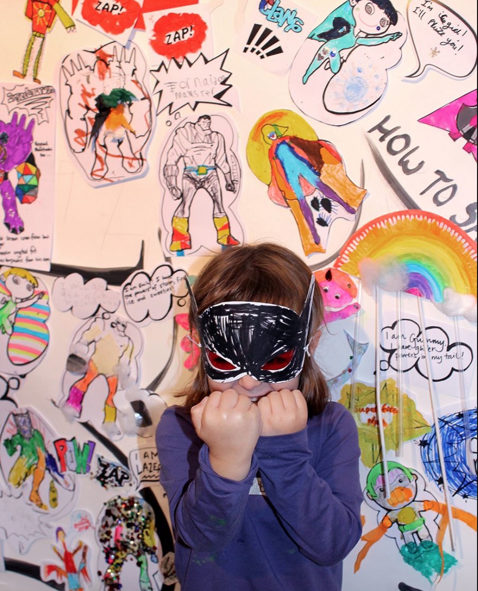 Children & family workshop poster to Make a Superhero Mask to save the world from climate change!